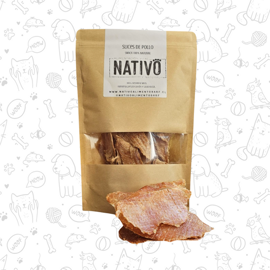 SLICES DE PECHUGA DE POLLO DESHIDRATADAS NATIVO PARA PERROS Y GATOS (100g)